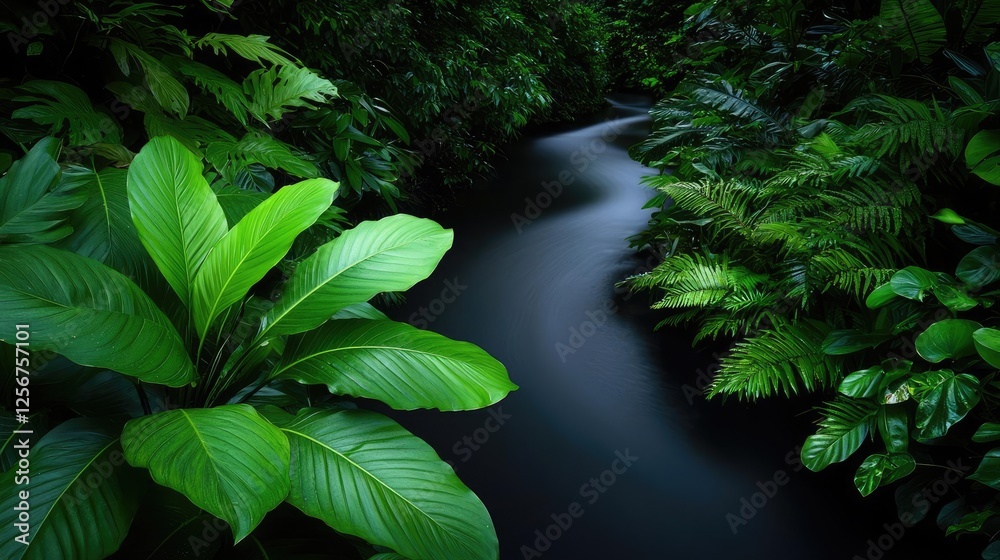 Poster glow forest idea. lush green leaves surround a serene winding river in a tranquil rainforest setting