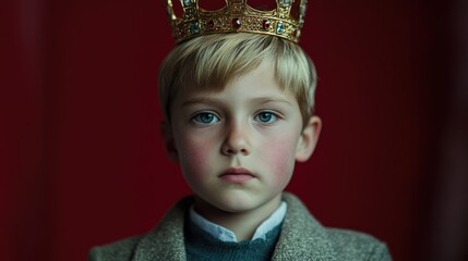 A solemn boy wearing a golden crown.