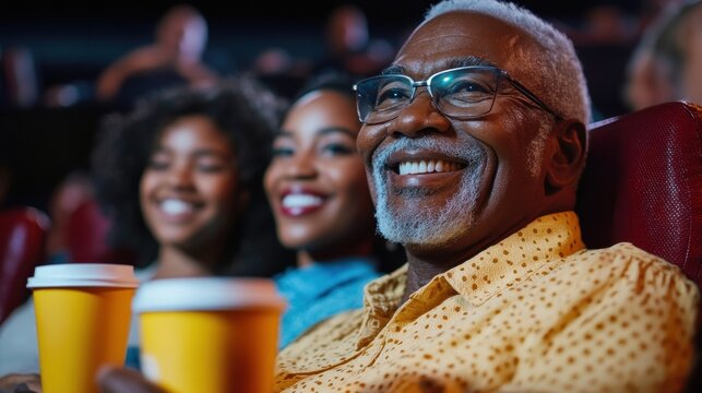 Happy senior man with two women enjoy movie. Perfect for illustrating themes of family, entertainment, and shared experiences.