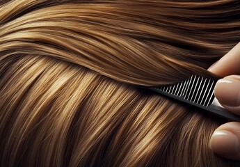 Fototapeta premium Close-up of silky smooth blonde hair being carefully combed with a fine-tooth metal comb, showcasing shine, texture, and healthy strands in high detail