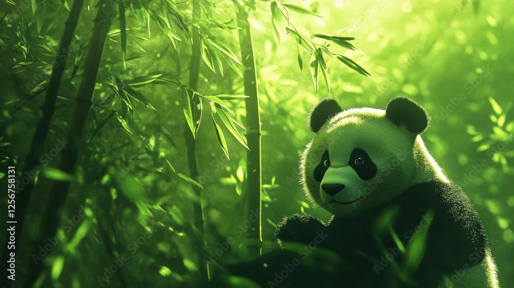 Aufkleber portrait of a panda relaxing in a lush bamboo forest with vivid green hues and space for text. gener