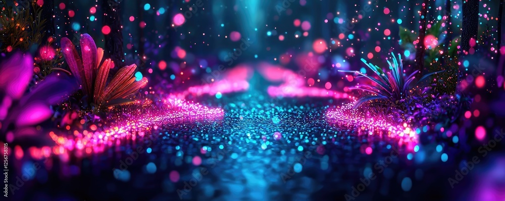 Aufkleber glow forest concept. a vibrant forest scene with glowing plants and colorful lights illuminating the