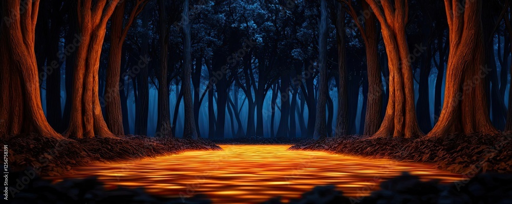 Aufkleber glow forest concept. a surreal forest scene illuminated by fiery glowing ground beneath tall dark tr