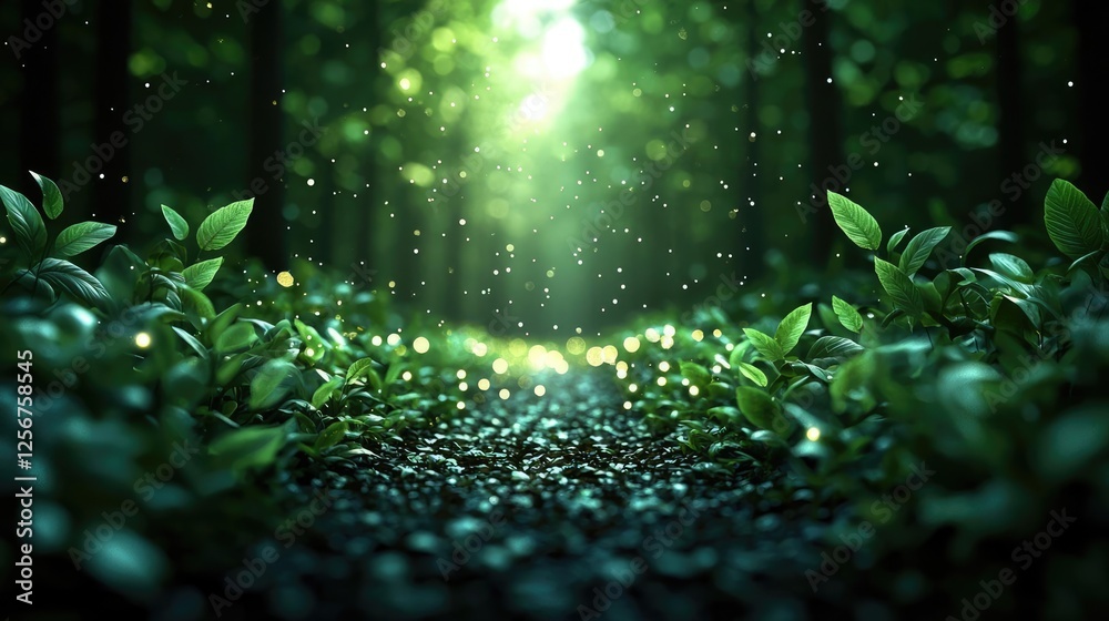 Poster Glow forest idea. A serene forest path illuminated by soft sunlight with dewdrops on green leaves.