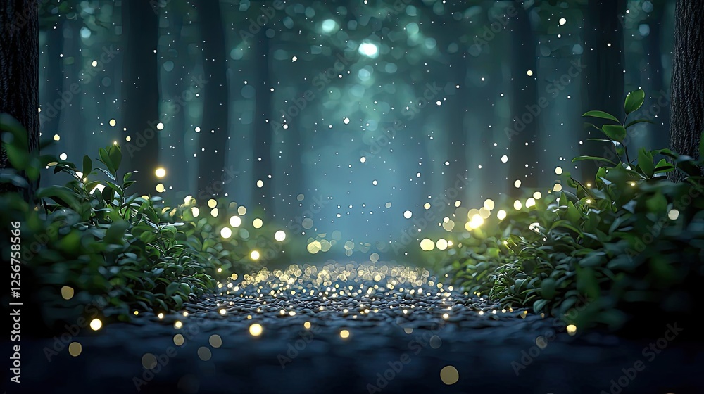 Poster glow forest idea. enchanting forest pathway illuminated by glowing lights in a serene atmosphere.