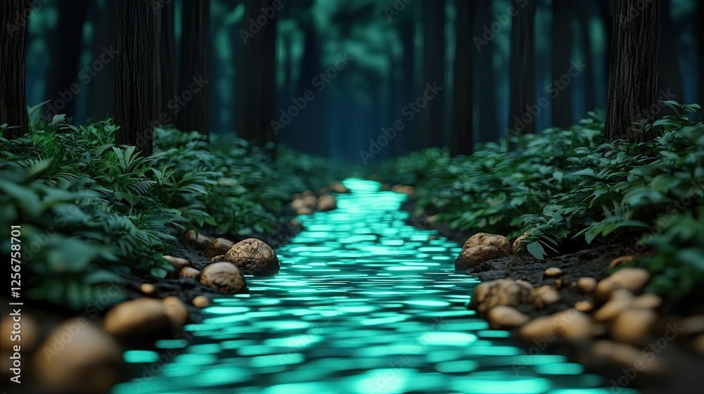 Aufkleber glow forest concept. a serene forest scene featuring a glowing stream surrounded by lush foliage and