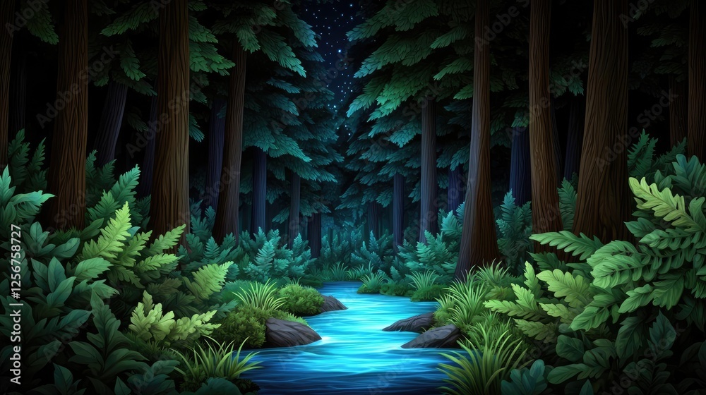 Poster Glow forest concept. A serene forest scene with a tranquil stream surrounded by lush greenery and tall trees.