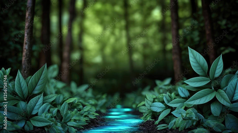 Poster Glow forest concept. Serene forest path illuminated by gentle light, surrounded by lush green leaves and tranquility.