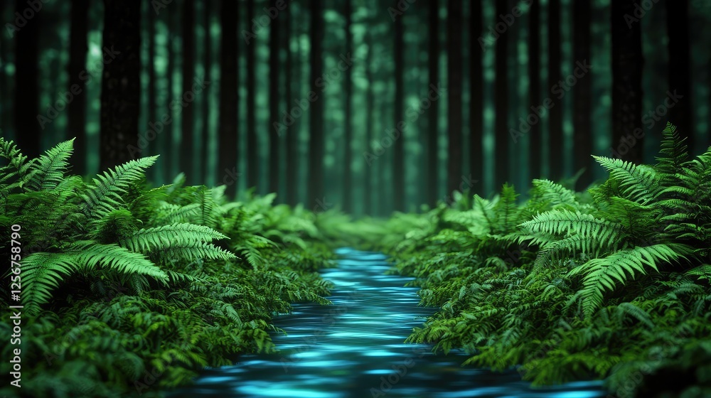 Poster glow forest concept. a serene forest path surrounded by lush ferns and tall trees, inviting explorat