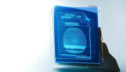hand holds a glowing blue screen displaying a fingerprint scan data.