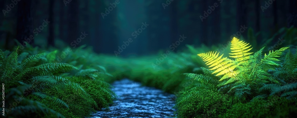 Poster glow forest idea. a tranquil forest scene featuring vibrant ferns beside a gentle stream.