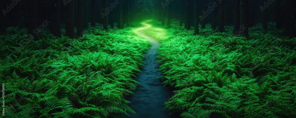 Poster glow forest idea. a tranquil forest pathway surrounded by lush green ferns and soft light.