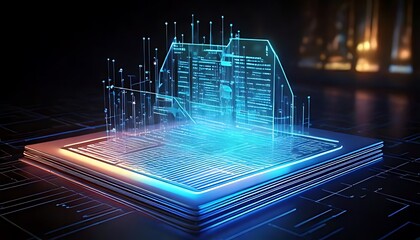 Holographic data on a futuristic platform reveals connectivity within technological landscapes.