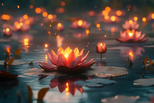 Fototapeta Glowing lotus flowers on pond at dusk, magical scene