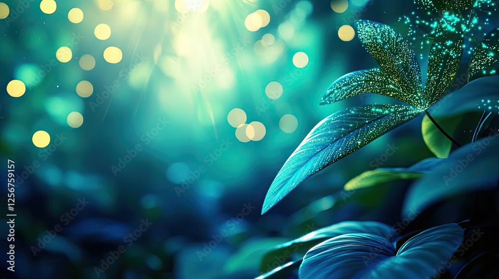 Poster glow forest concept. a serene view of luminous leaves surrounded by enchanting bokeh lights.