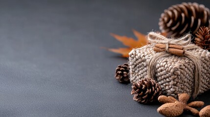 Fototapeta premium Rustic Christmas gift box wrapped in textured fabric and tied with twine, surrounded by pine cones and autumn leaves on a dark background.
