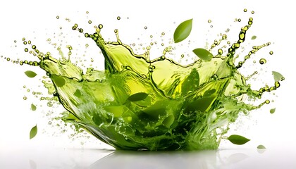 Leaves in green liquid, creating a large, dynamic and vibrant splash effect.