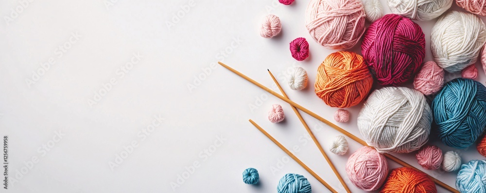 Poster colorful yarn balls and knitting needles lying on white desk creating a frame with copy space