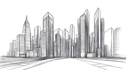 Architectural sketch of city skyline, urban drawing, possible use in design or illustration