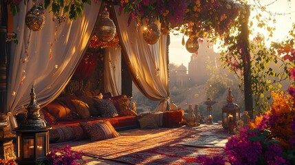 Indian tent set up for a festive event, decorated with traditional fabrics, lanterns, and flowers, surrounded by an outdoor setting full of vibrant energy