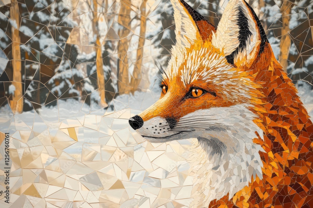 Leinwandbilder mosaic portrait of a fox featuring intricate patterns against a snowy forest background. generative 