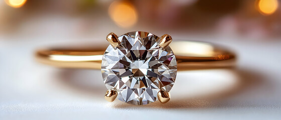 Solitaire diamond ring, gold band, bokeh