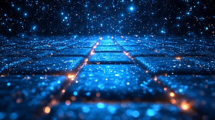 Abstract digital pathway with glowing blue squares, illuminated by orange-yellow lights, leading...