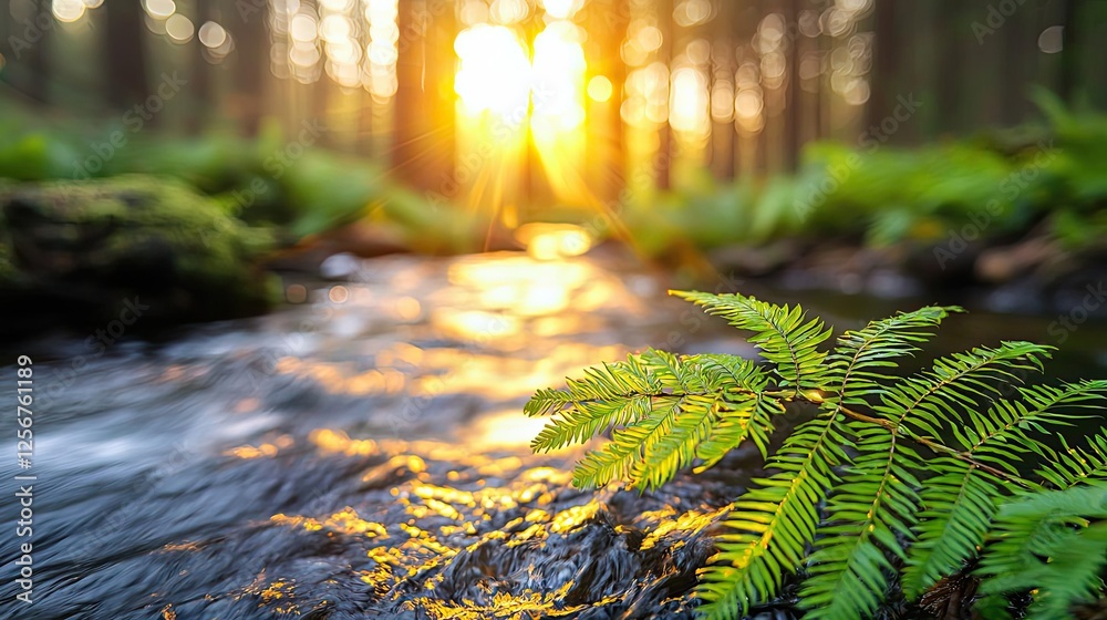 Poster Glow forest idea. A serene stream flows through a lush forest with sunlight filtering through the trees.