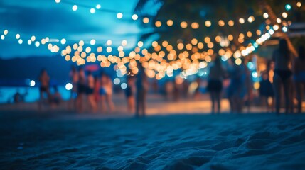 Tourists are enjoying a summer night party on the beach with string lights
