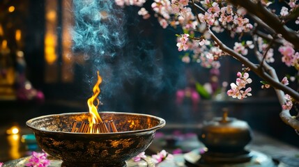 "Ching Ming Festival: Traditional altar with incense and blossoms, cultural harmony"
