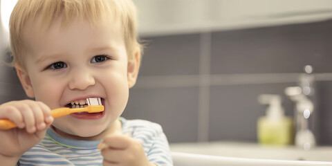 Little blond boy learning to brush his teeth with an orange toothbrush