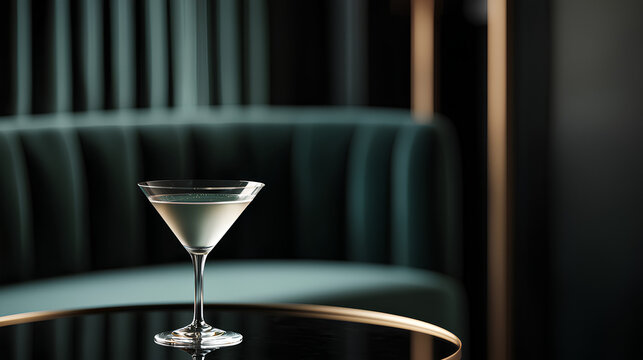 A sleek martini glass filled with a creamy cocktail sits on a glossy black table in an upscale lounge with deep green velvet seating and soft ambient lighting - Powered by Adobe