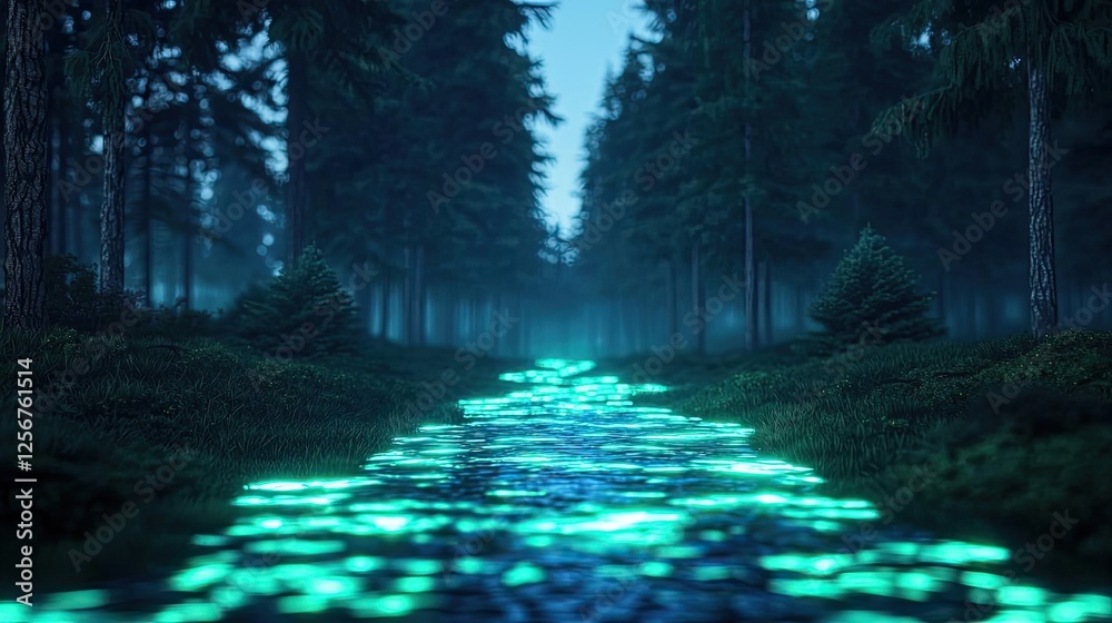 Poster Glow forest idea. A serene forest scene illuminated by a glowing river at twilight.