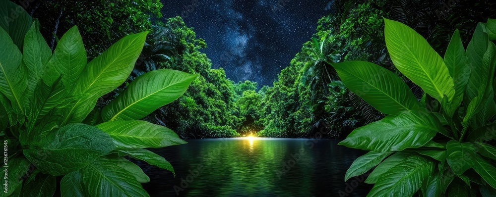 Poster glow forest idea. a serene evening in a lush forest by a calm river under a starry sky.