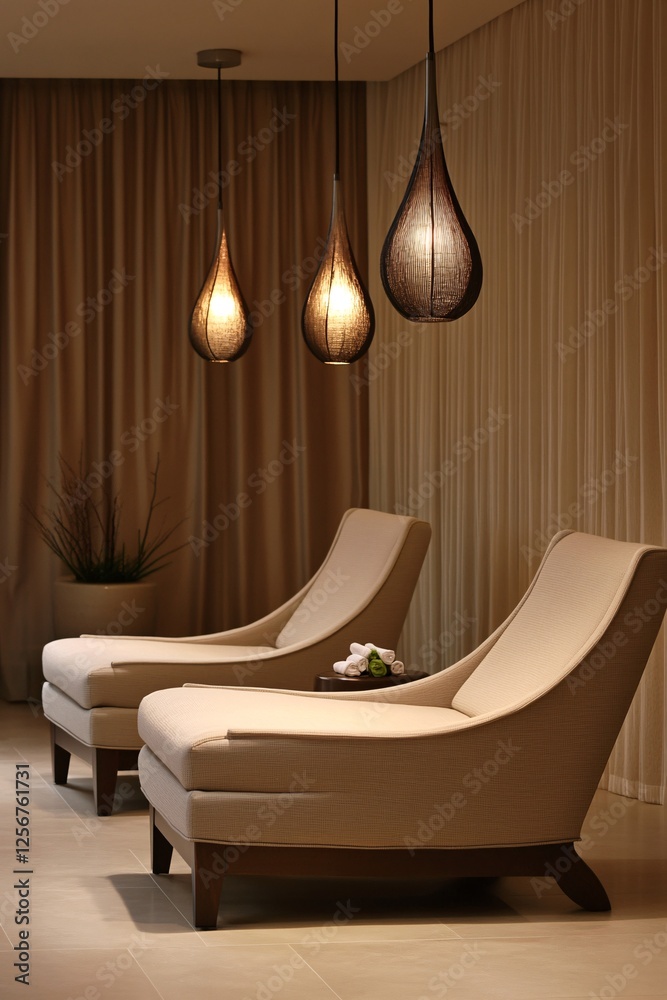 Aufkleber two empty lounge chairs sit in the waiting area of a modern spa, illuminated by three modern lights