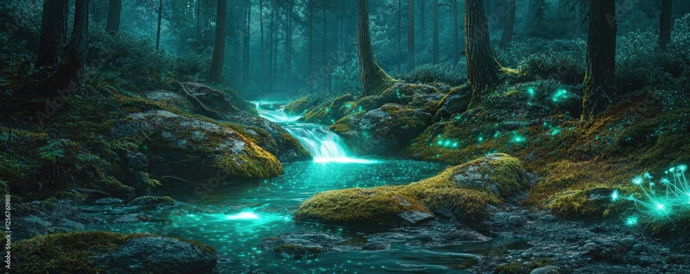 Poster Glow forest concept. A serene forest scene with a glowing stream and vibrant flora under soft light.
