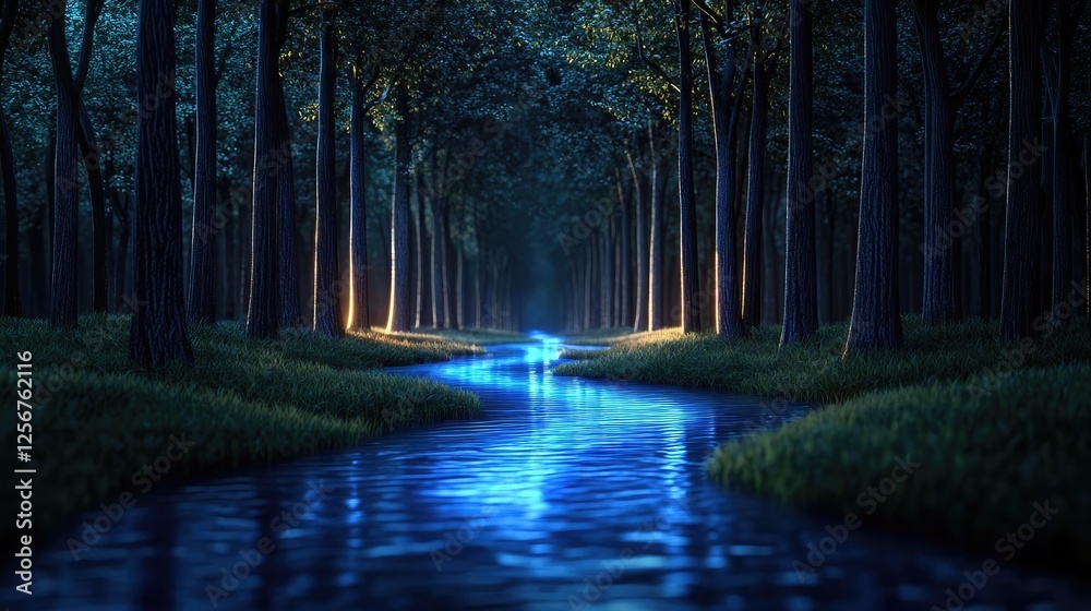 Poster glow forest idea. tranquil river flows through a serene forest with soft, glowing lights at dusk.