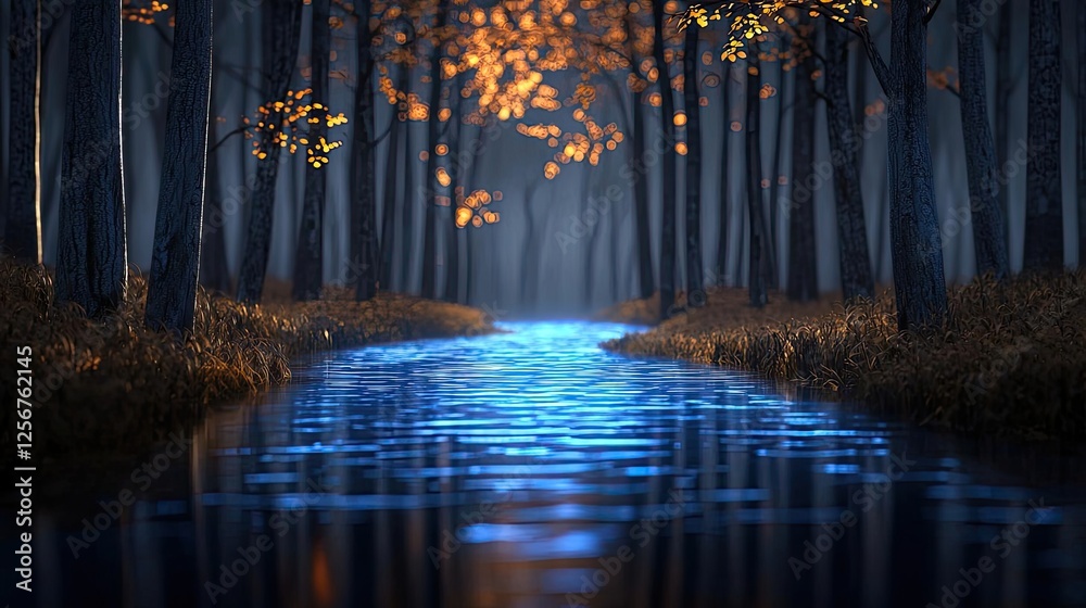 Poster Glow forest idea. A serene river flows through a tranquil forest illuminated by autumn leaves.