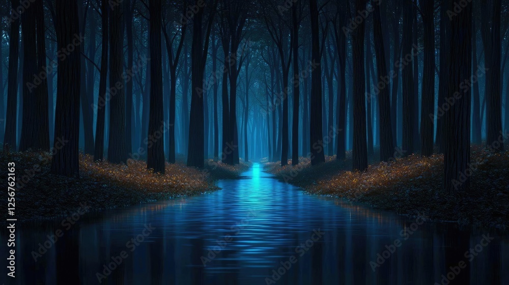 Aufkleber glow forest idea. a serene blue forest with a calm river reflecting the moonlight and tall trees.