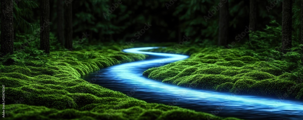 Poster glow forest idea. a serene river flows through lush greenery under a tranquil forest.