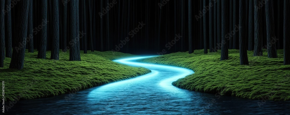 Aufkleber glow forest idea. a serene river winding through a tranquil forest illuminated by moonlight.