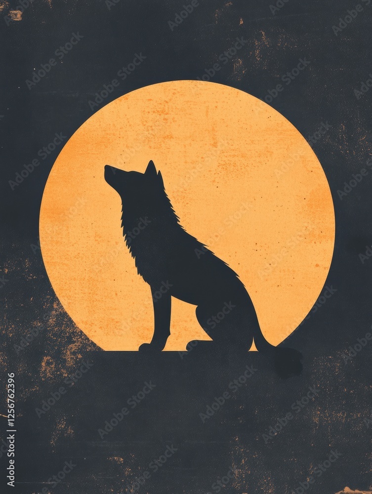 Poster minimalist wolf silhouette against full moon with space for text for creative projects or displays. 