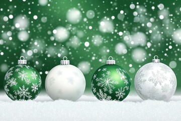 Fototapeta premium Green and white ornaments in snowy scene