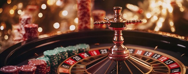 Roulette table spinning with chips stacked on the side and twinkling christmas tree lights in the background