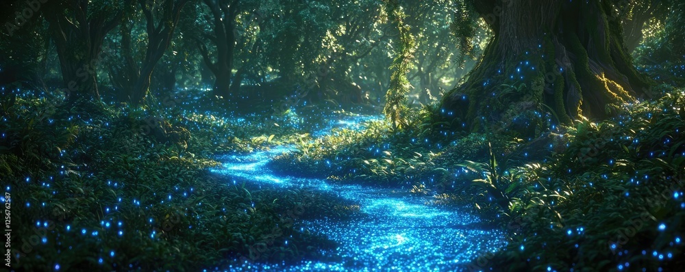 Poster Glow forest concept. A mystical forest scene with glowing plants and a serene stream under soft light.
