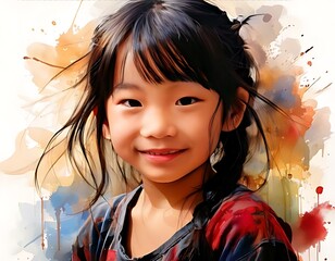 Watercolor portrait of a cheerful girl with loose, flowing dark hair.