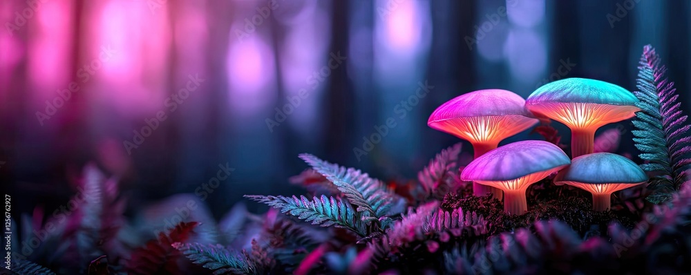 Poster glow forest concept. vibrant mushrooms glow in a mystical forest with colorful lights and lush ferns