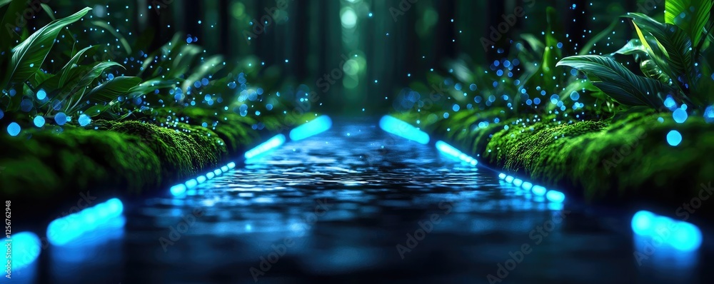 Aufkleber glow forest concept. enchanting river with glowing lights and lush greenery in a tranquil forest set