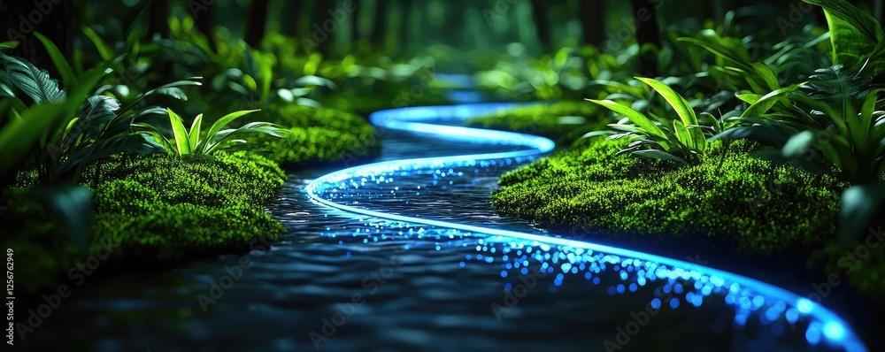 Aufkleber glow forest concept. a serene river flowing through a lush green forest, illuminated by glowing elem
