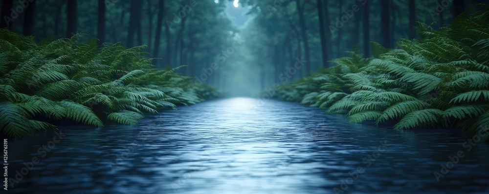 Poster glow forest idea. a serene river flows through a lush green forest, surrounded by ferns and tranquil